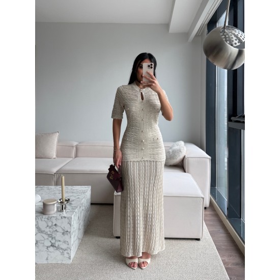 SİMLİ İNCE TRİKO MARKA MODEL ELBİSE KREM