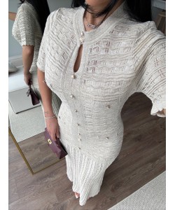 SİMLİ İNCE TRİKO MARKA MODEL ELBİSE KREM