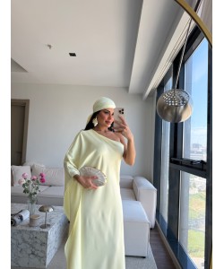 BANDANALI TEK KOL SATEN ELBİSE SARI(ÖN SİPARİŞ 20 HAZİRAN)