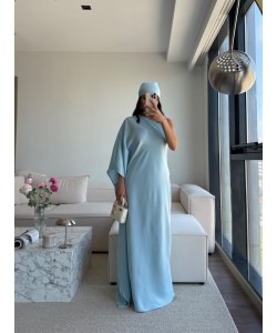 BANDANALI TEK KOL SATEN ELBİSE MAVİ(ÖN SİPARİŞTİR 20 HAZİRAN)