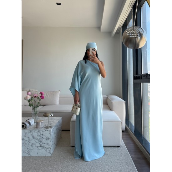 BANDANALI TEK KOL SATEN ELBİSE MAVİ(ÖN SİPARİŞTİR 20 HAZİRAN)