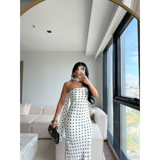 FULARLI STRAPLEZ PUANTİYE ELBİSE BEYAZ