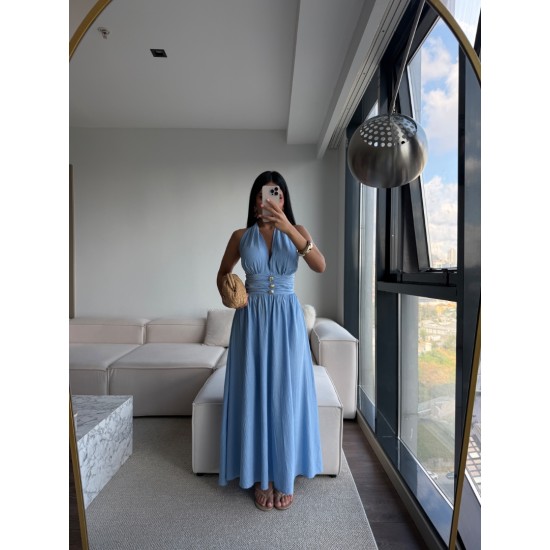 GOLD DÜĞMELİ HALTER YAKA MİDİ ELBİSE MAVİ