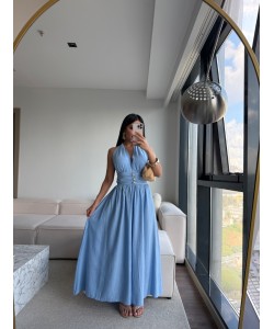 GOLD DÜĞMELİ HALTER YAKA MİDİ ELBİSE MAVİ