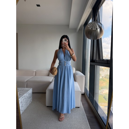 GOLD DÜĞMELİ HALTER YAKA MİDİ ELBİSE MAVİ