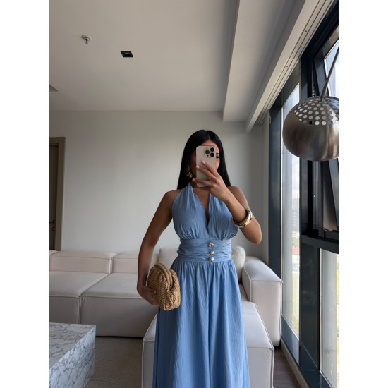 GOLD DÜĞMELİ HALTER YAKA MİDİ ELBİSE MAVİ