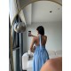 GOLD DÜĞMELİ HALTER YAKA MİDİ ELBİSE MAVİ
