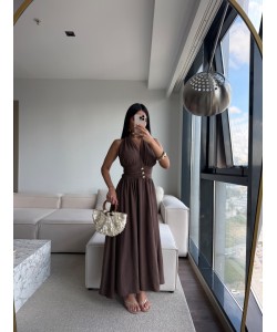 GOLD DÜĞMELİ HALTER YAKA MİDİ ELBİSE KAHVE GOLD DÜĞMELİ HALTER YAKA MİDİ ELBİSE KAHVE