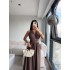 GOLD DÜĞMELİ HALTER YAKA MİDİ ELBİSE KAHVE