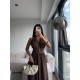GOLD DÜĞMELİ HALTER YAKA MİDİ ELBİSE KAHVE