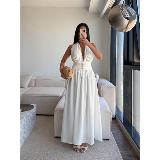 GOLD DÜĞMELİ HALTER YAKA MİDİ ELBİSE BEYAZ