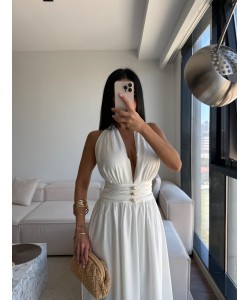 GOLD DÜĞMELİ HALTER YAKA MİDİ ELBİSE BEYAZ
