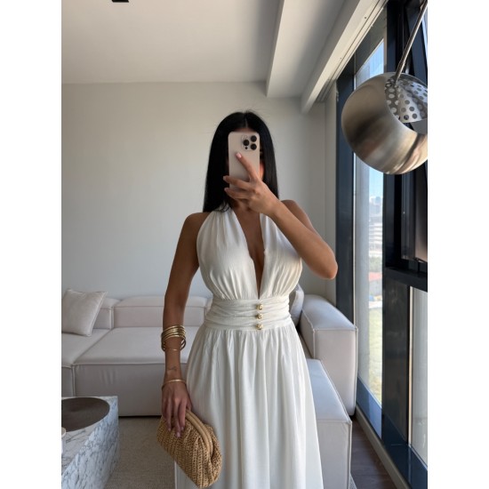 GOLD DÜĞMELİ HALTER YAKA MİDİ ELBİSE BEYAZ