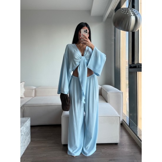 BAĞLAMALI KİMONO PANTOLON TAKIM MAVİ