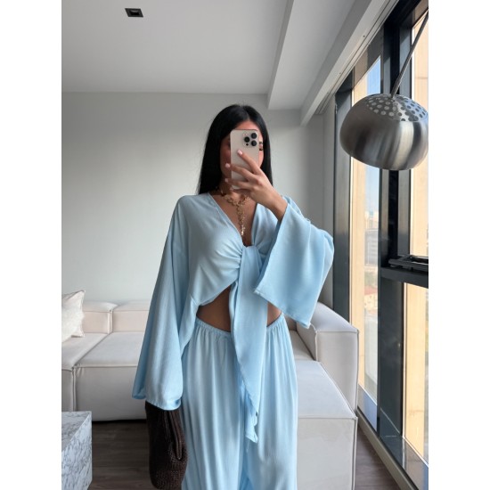 BAĞLAMALI KİMONO PANTOLON TAKIM MAVİ