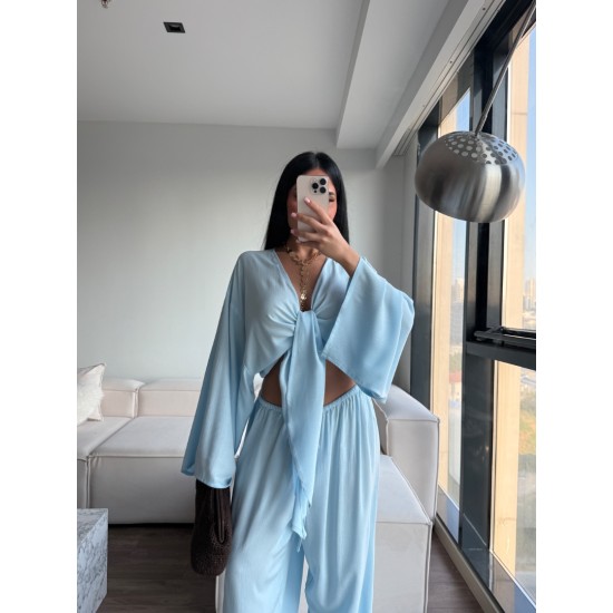 BAĞLAMALI KİMONO PANTOLON TAKIM MAVİ