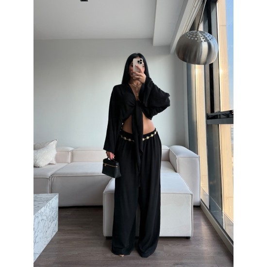 BAĞLAMALI KİMONO PANTOLON TAKIM SİYAH
